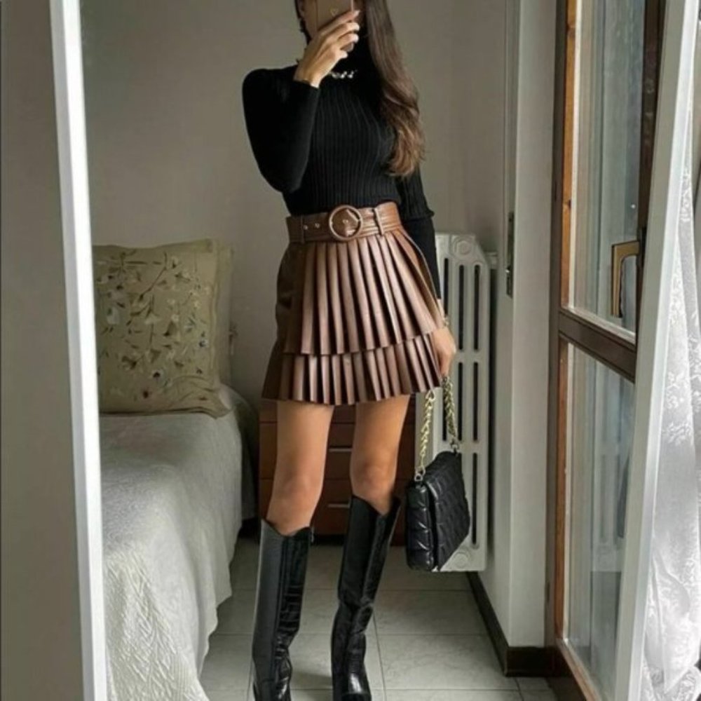 NWT ZARA PLEATED FAUX LEATHER SKIRT WHISKY 3046/328 - Picture 10 of 13